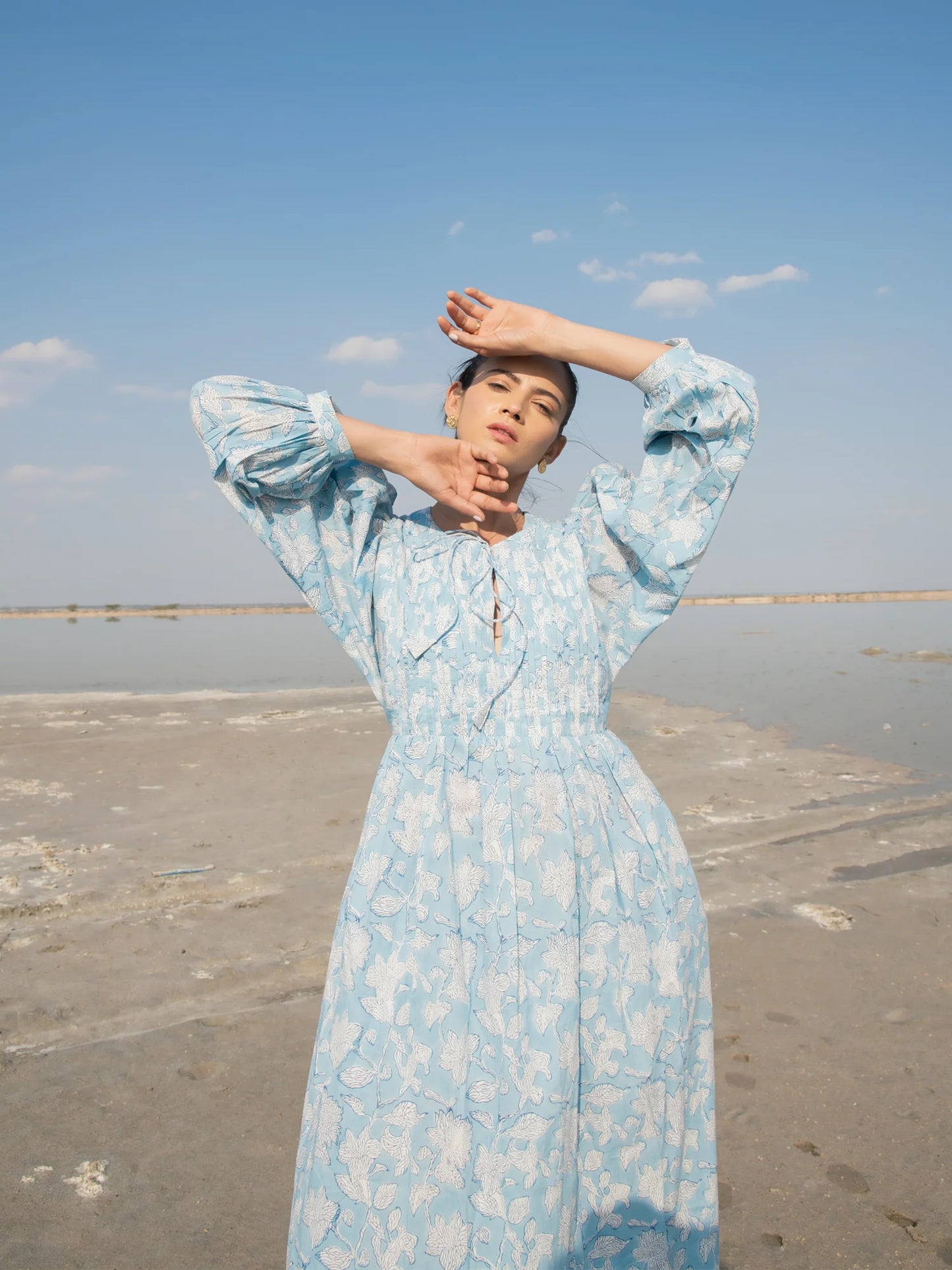 Blue Block Print Dress, dresses,sleeve detail