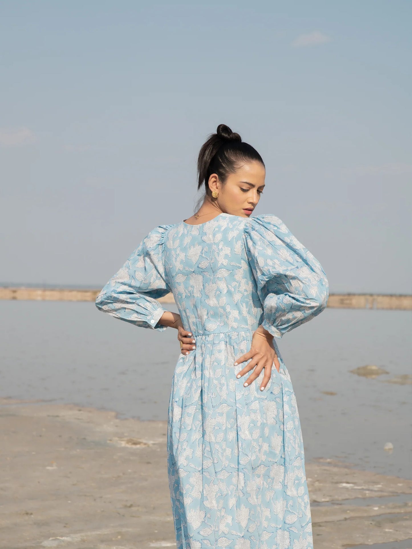 Blue Block Print Dress, dresses, back closeup