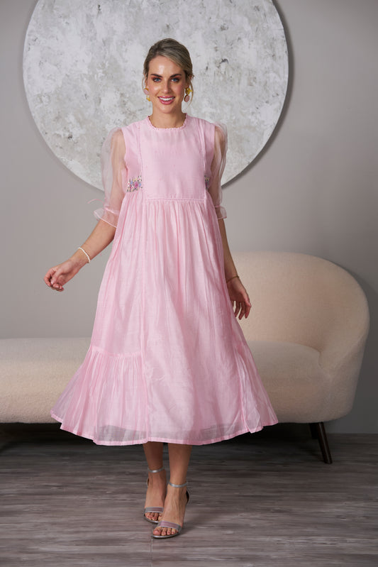 English Rose Embroidery Dress - Powder Pink, Silk Dress, wedding guest dresses, Front