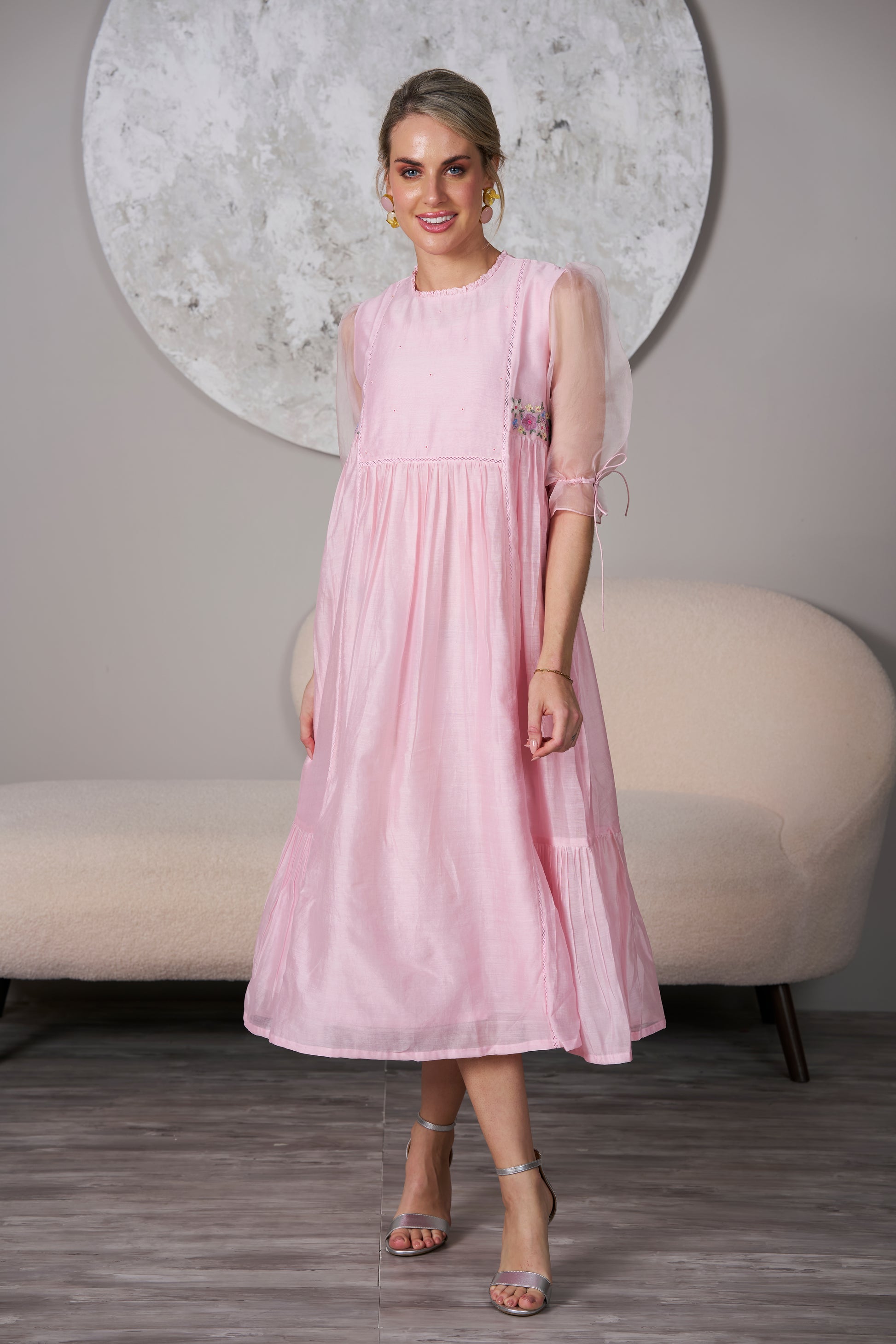 English Rose Embroidery Dress - Powder Pink, Silk Dress, wedding guest dresses, Front fun