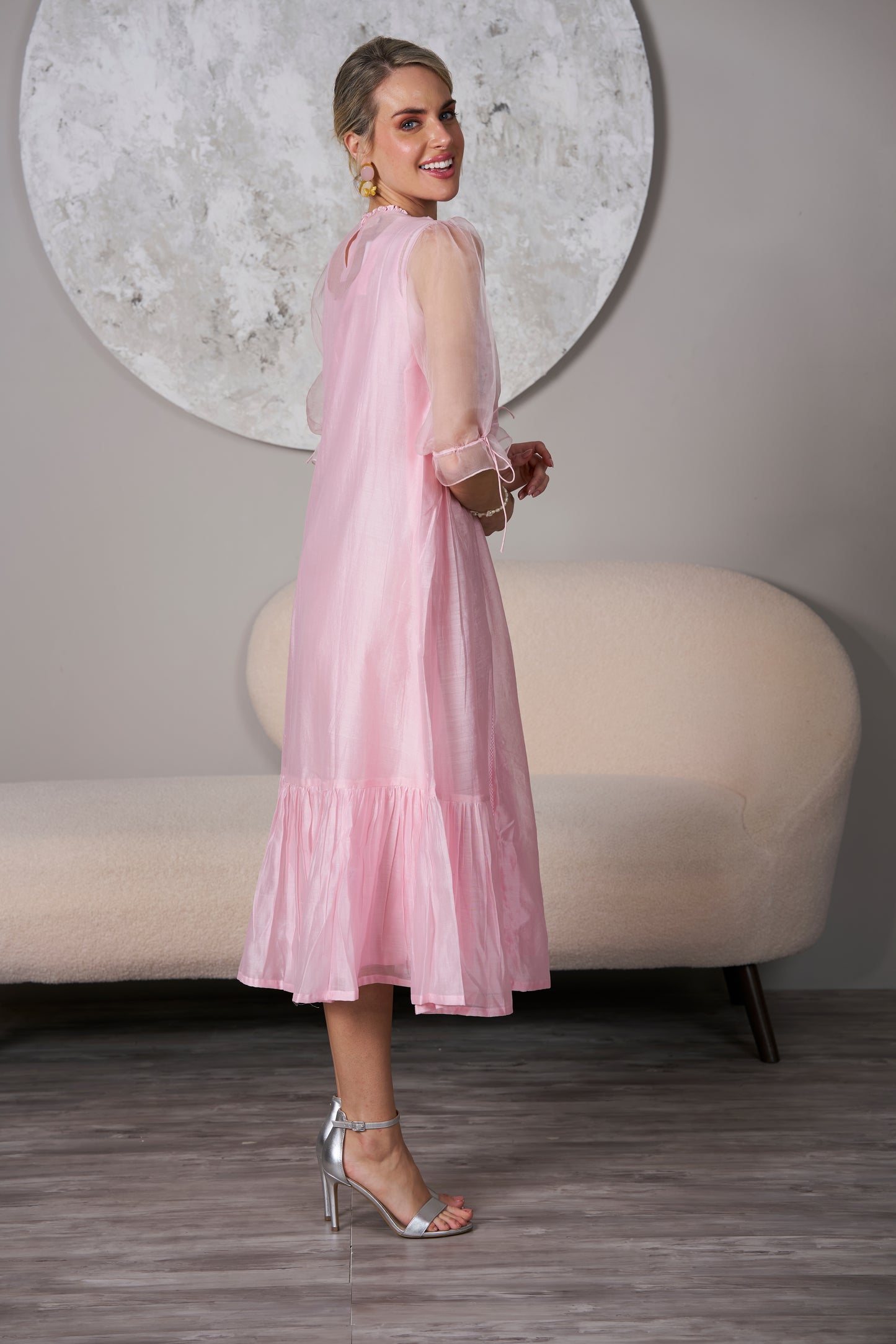 English Rose Embroidery Dress - Powder Pink, Silk Dress, wedding guest dresses, left