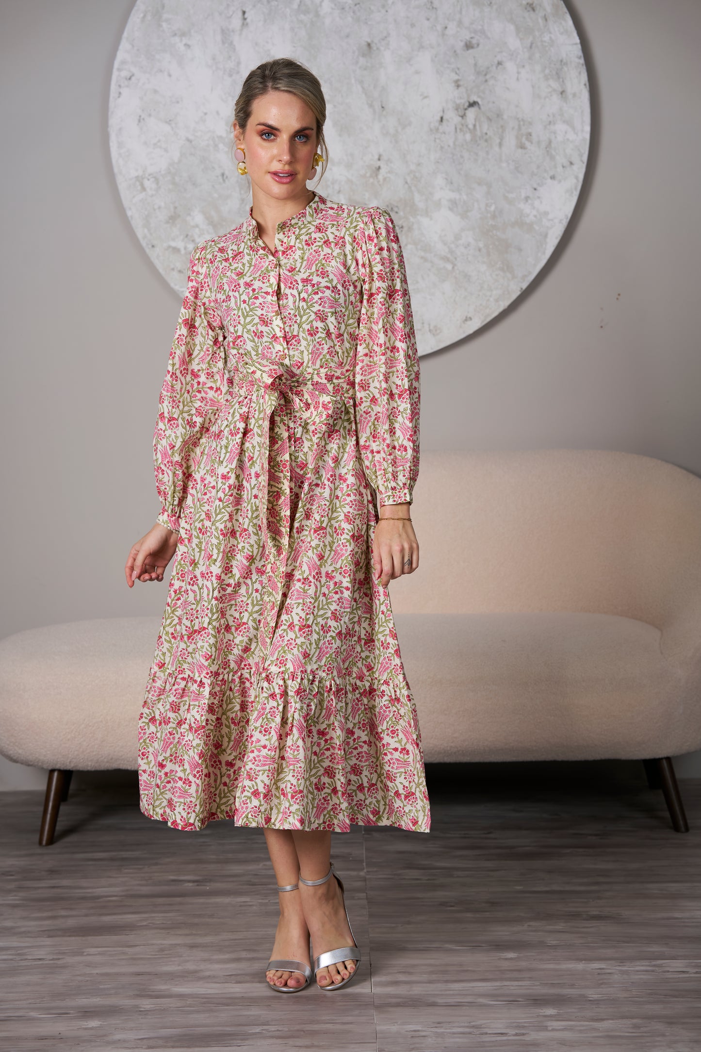 Pink Abbey Garden Dress,midi dress, front