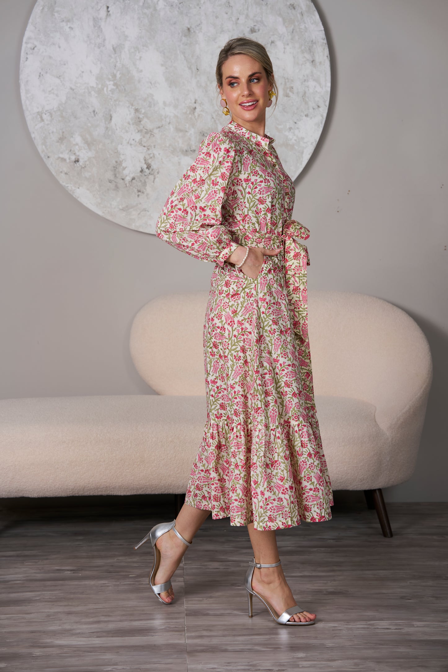 Pink Abbey Garden Dress,midi dress, left side