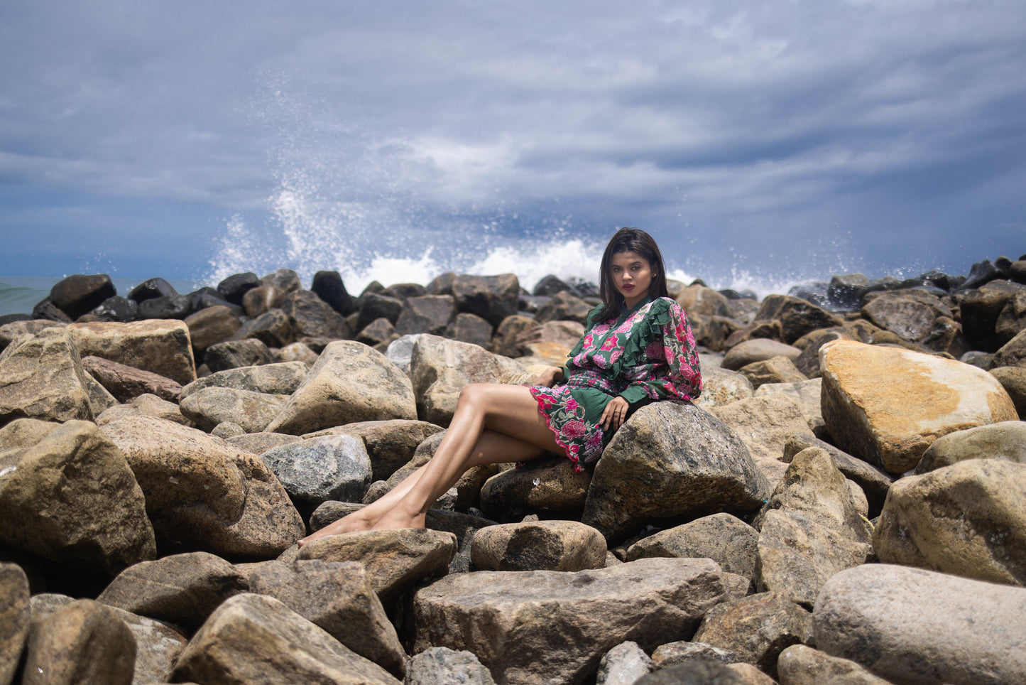 Pink Peony Skirt, mini skirt, left side sitting