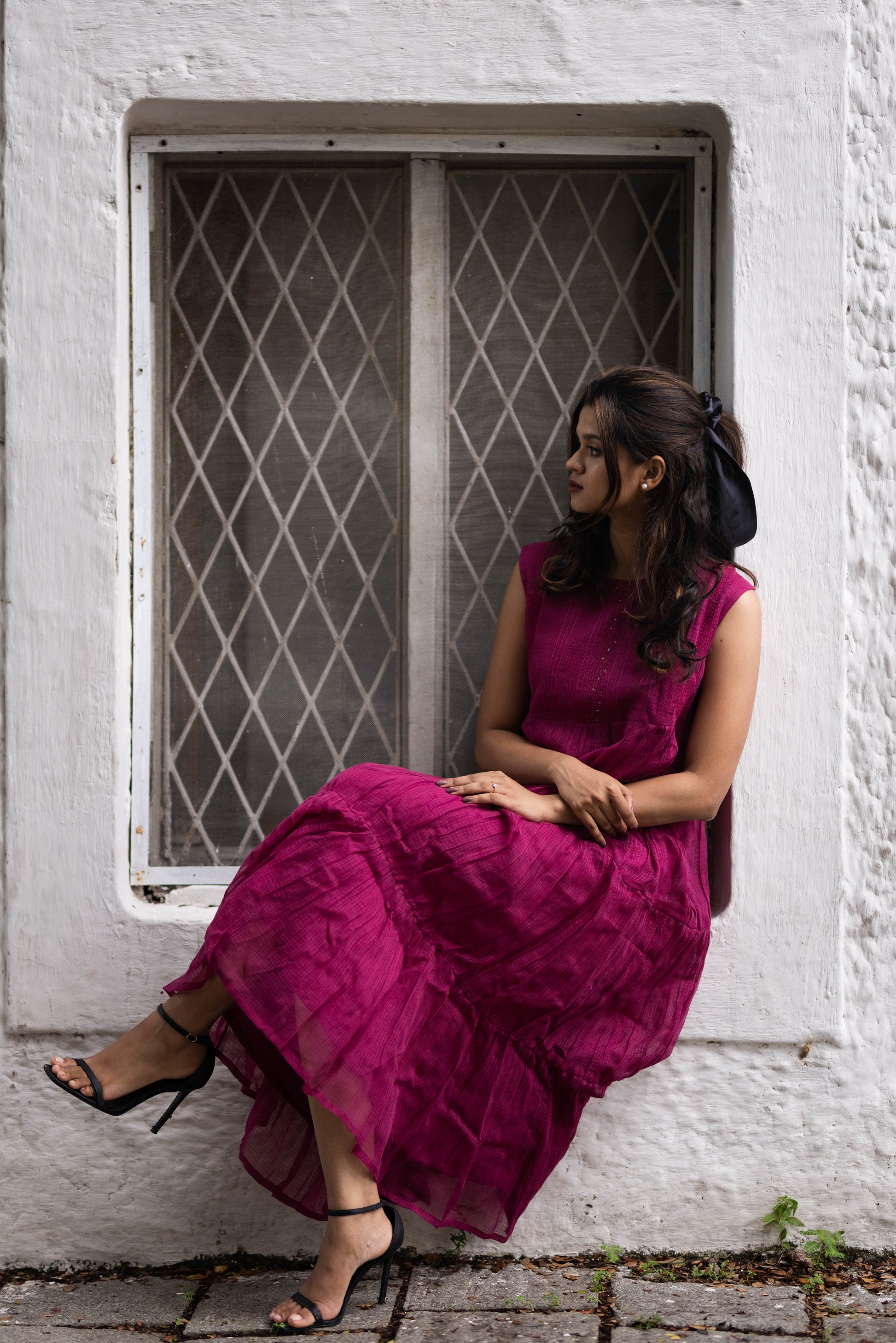 The Celosia Midi Dress, Silk dress, intricate embroidery, lace, left side sitting