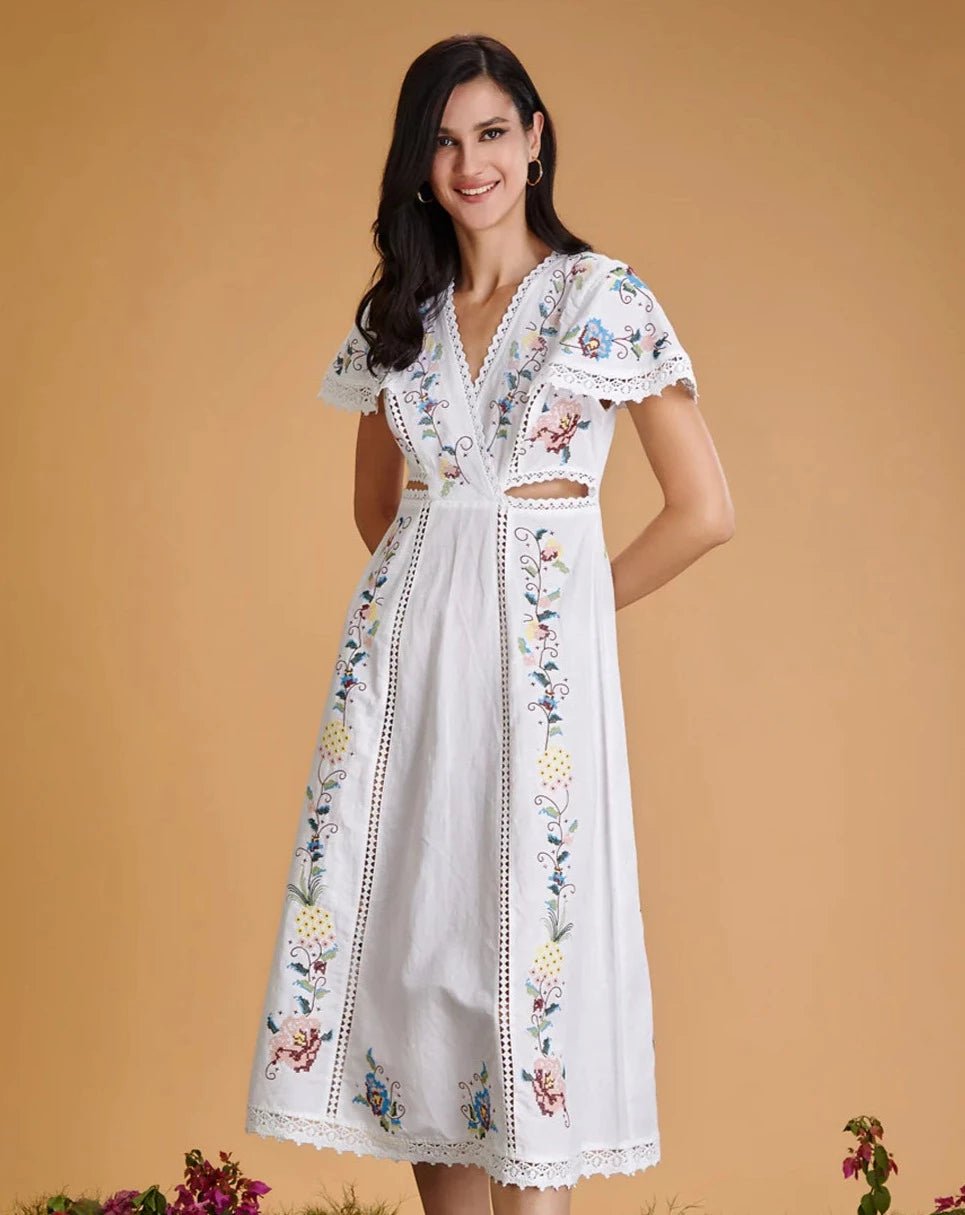 Vine Embroidered Midi Dress, white embroidered dress, dresses, front