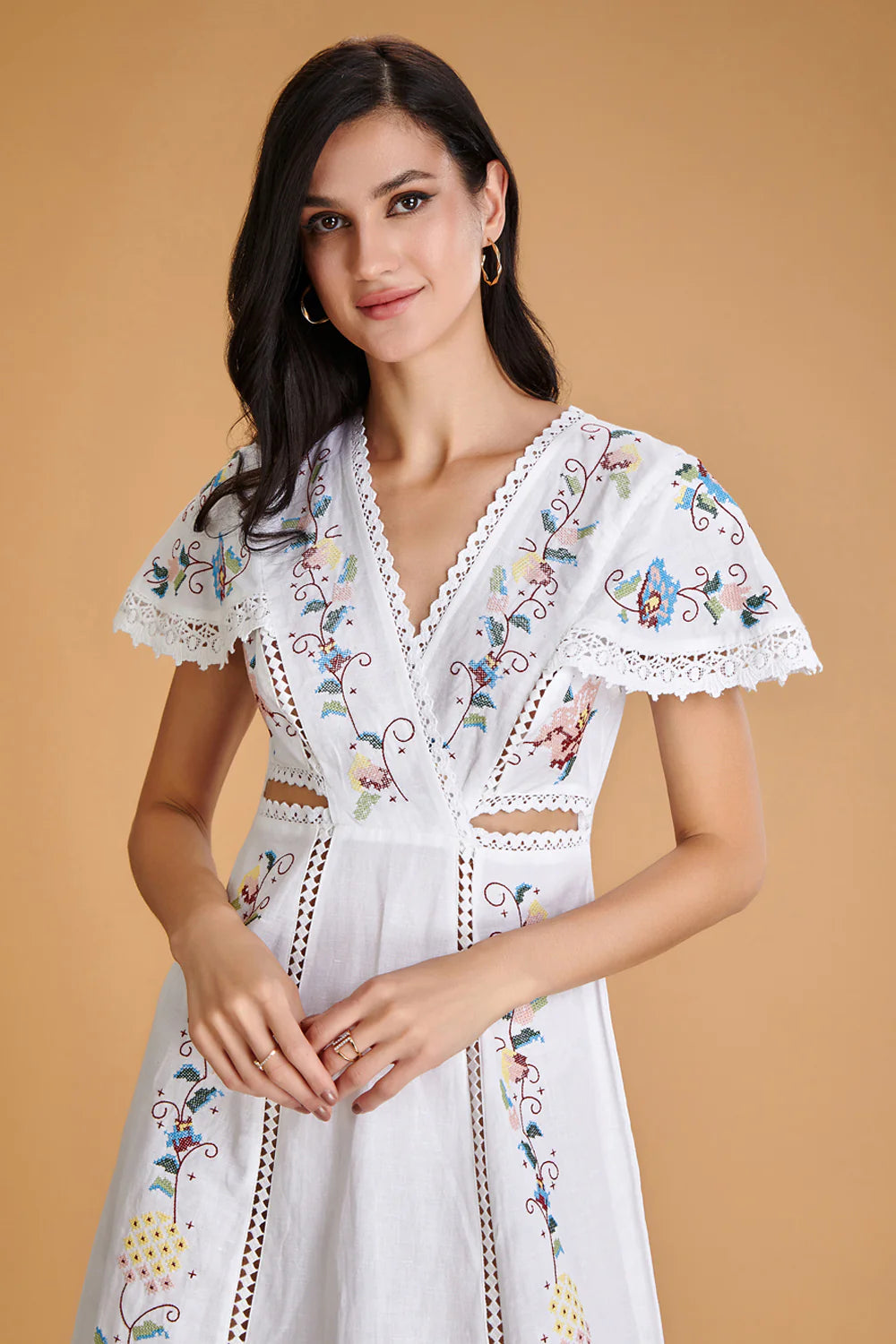 Vine Embroidered Midi Dress, white embroidered dress, dresses, front close up