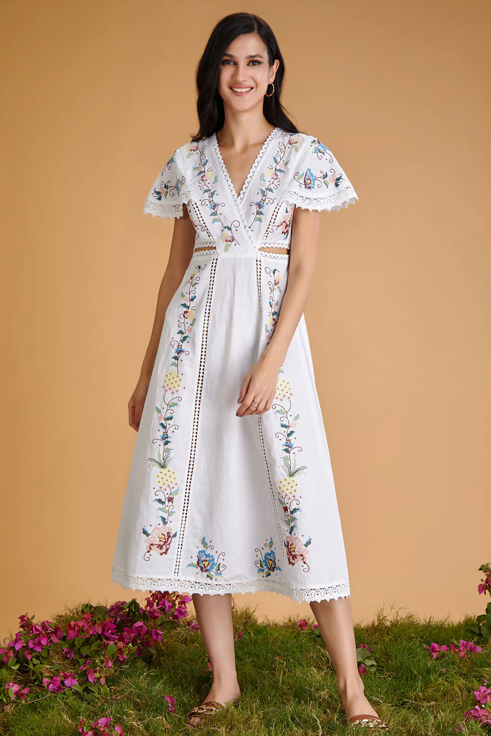 Vine Embroidered Midi Dress, white embroidered dress, dresses, front full