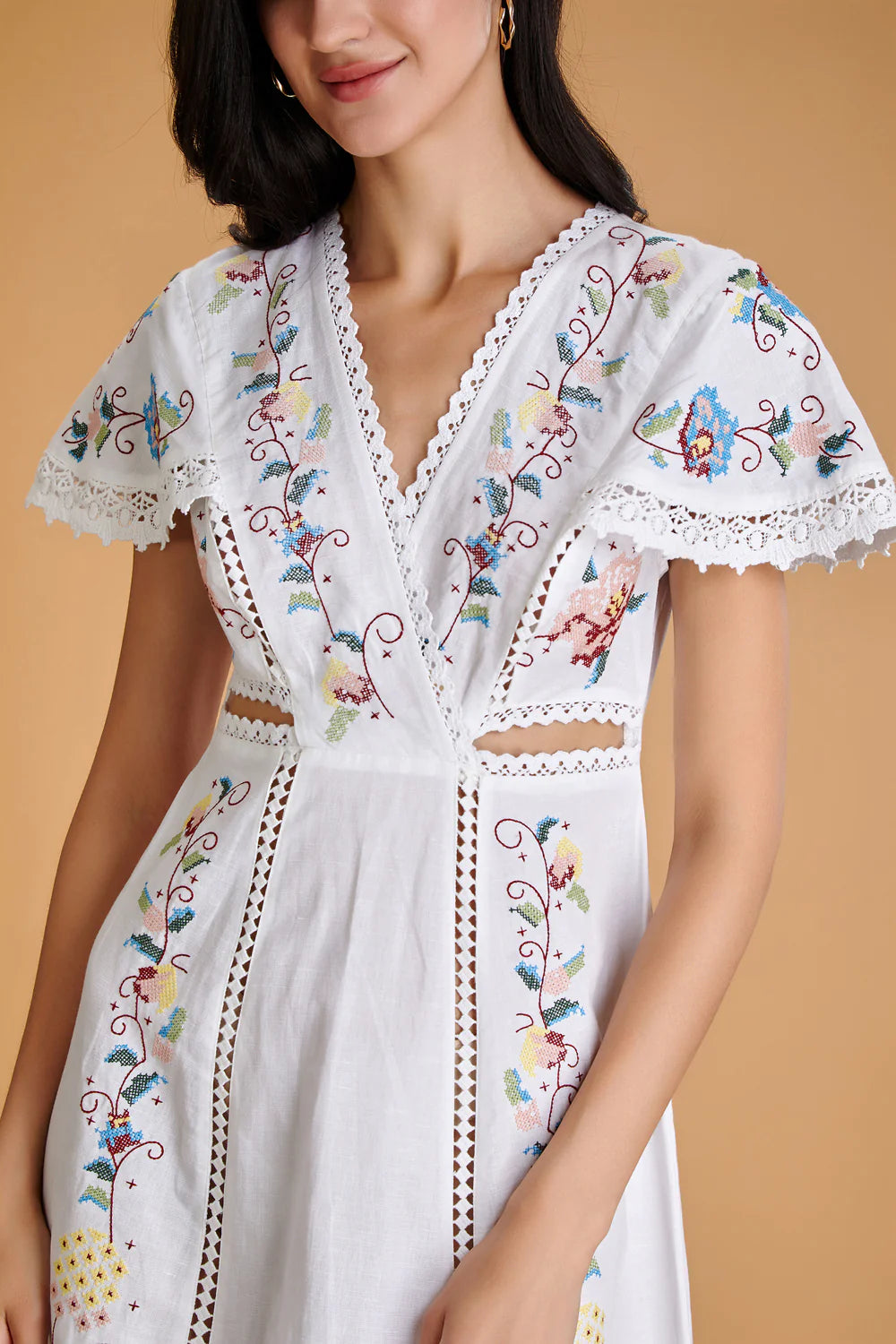 Vine Embroidered Midi Dress, white embroidered dress, dresses, embroidery and lace details