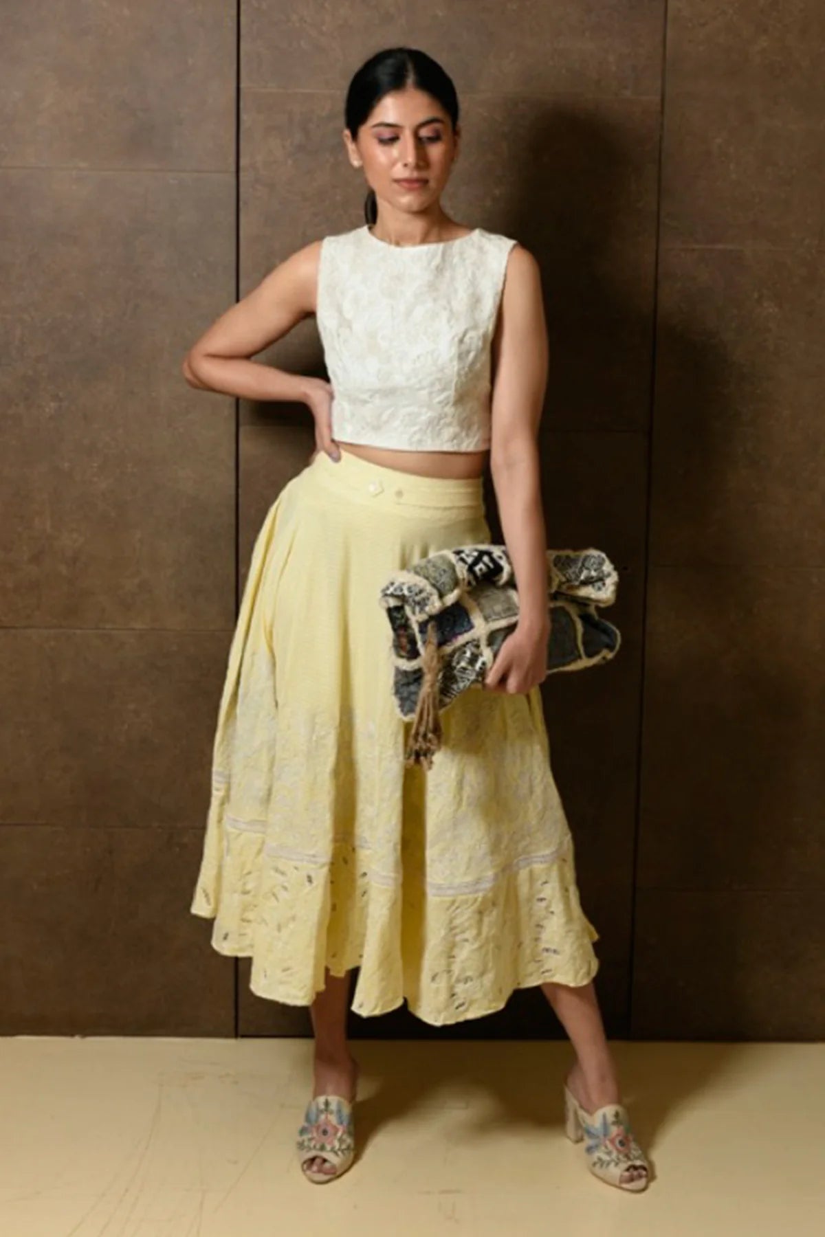 Yellow Embroidered Skirt, midi embroidered skirt, front