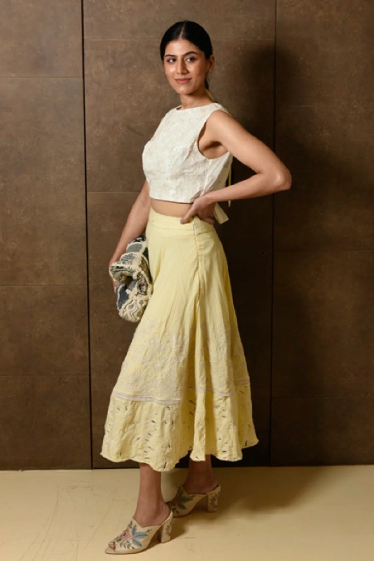 Yellow Embroidered Skirt, midi embroidered skirt, side